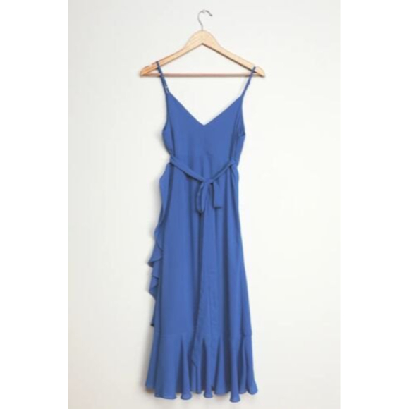 Lulus Manhattan Moment Blue Ruffled Midi Wrap Dress Size S - Picture 7 of 12